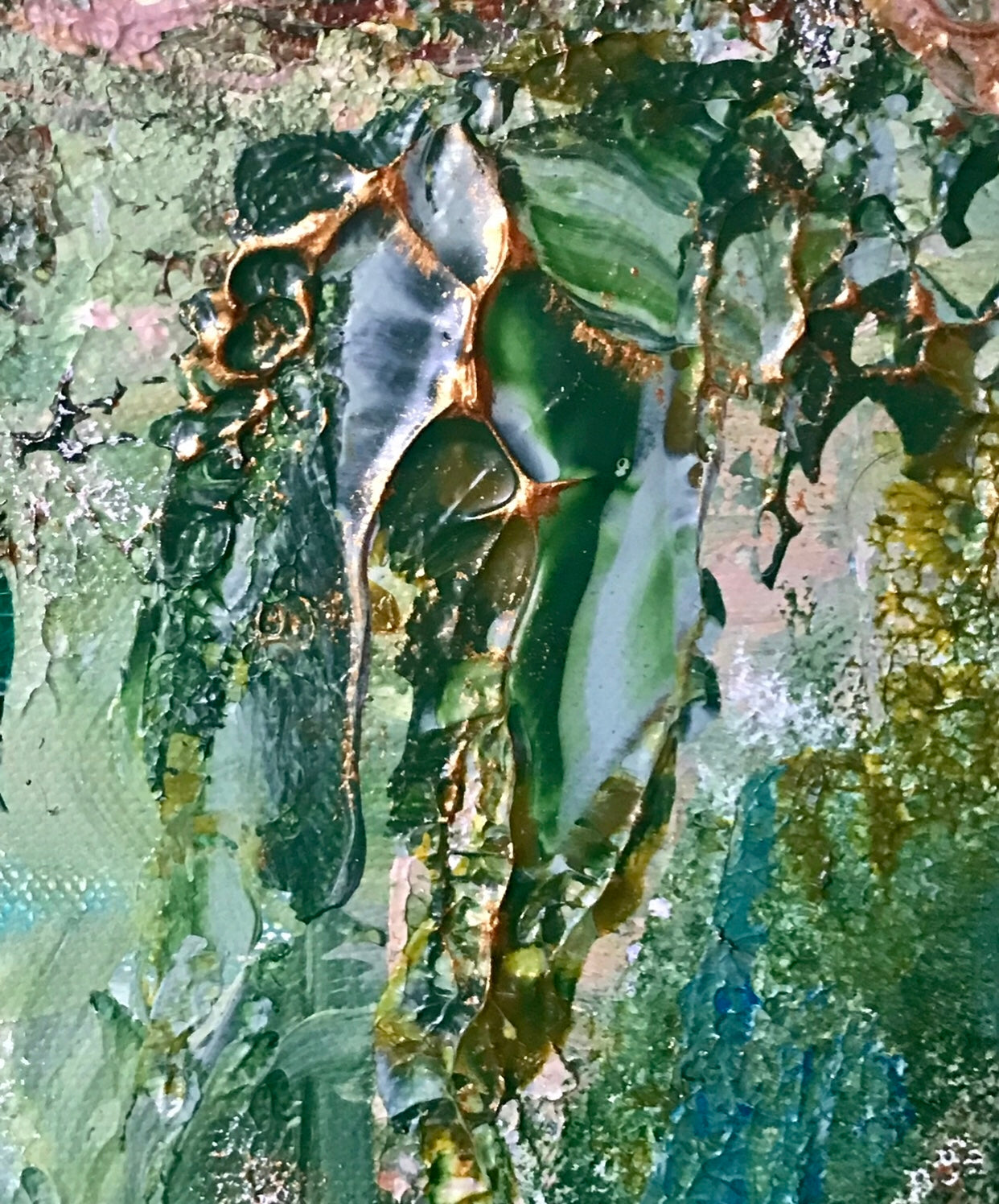 Originalverk i akryl, detaljbild av ”garden of Emunah”. Konstnär Nina Björk