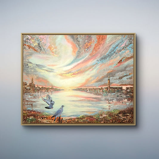 Originalmålning ”gyllene vingar över Stockholm” konst målad av Nina Björk. Inklusive galleriram. 
